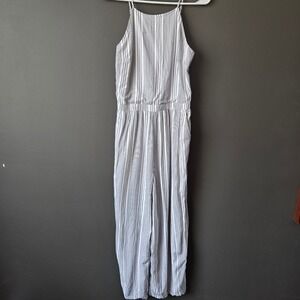 Hollister Striped Wide Leg Jumpsuit White Grey Smocked Back Adjustable Straps